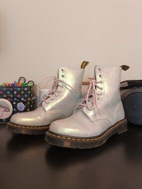 Dr. Martens Pink Iridescent Snake Print Boots